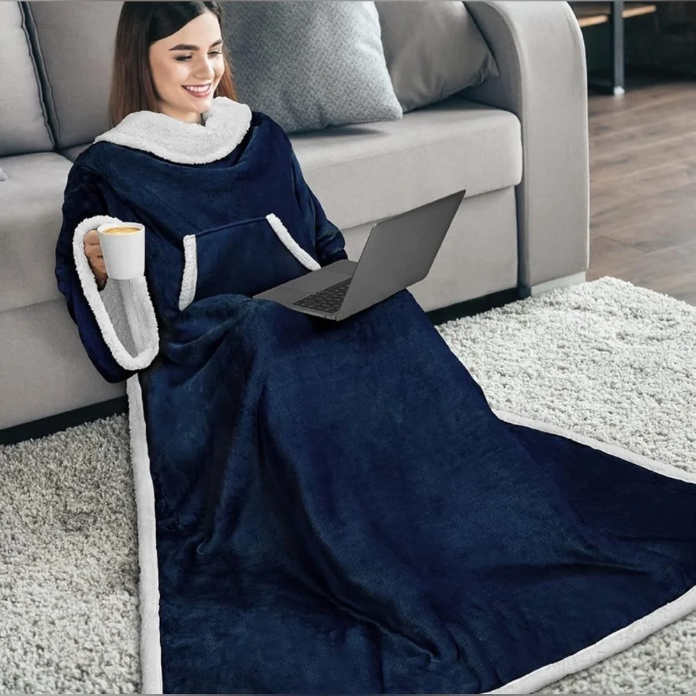 PAVILIA Premium Fleece Blanket with Sleeves, Navy Blue